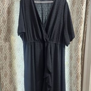 Black V-Neck Midi Dress with Ruffle Front